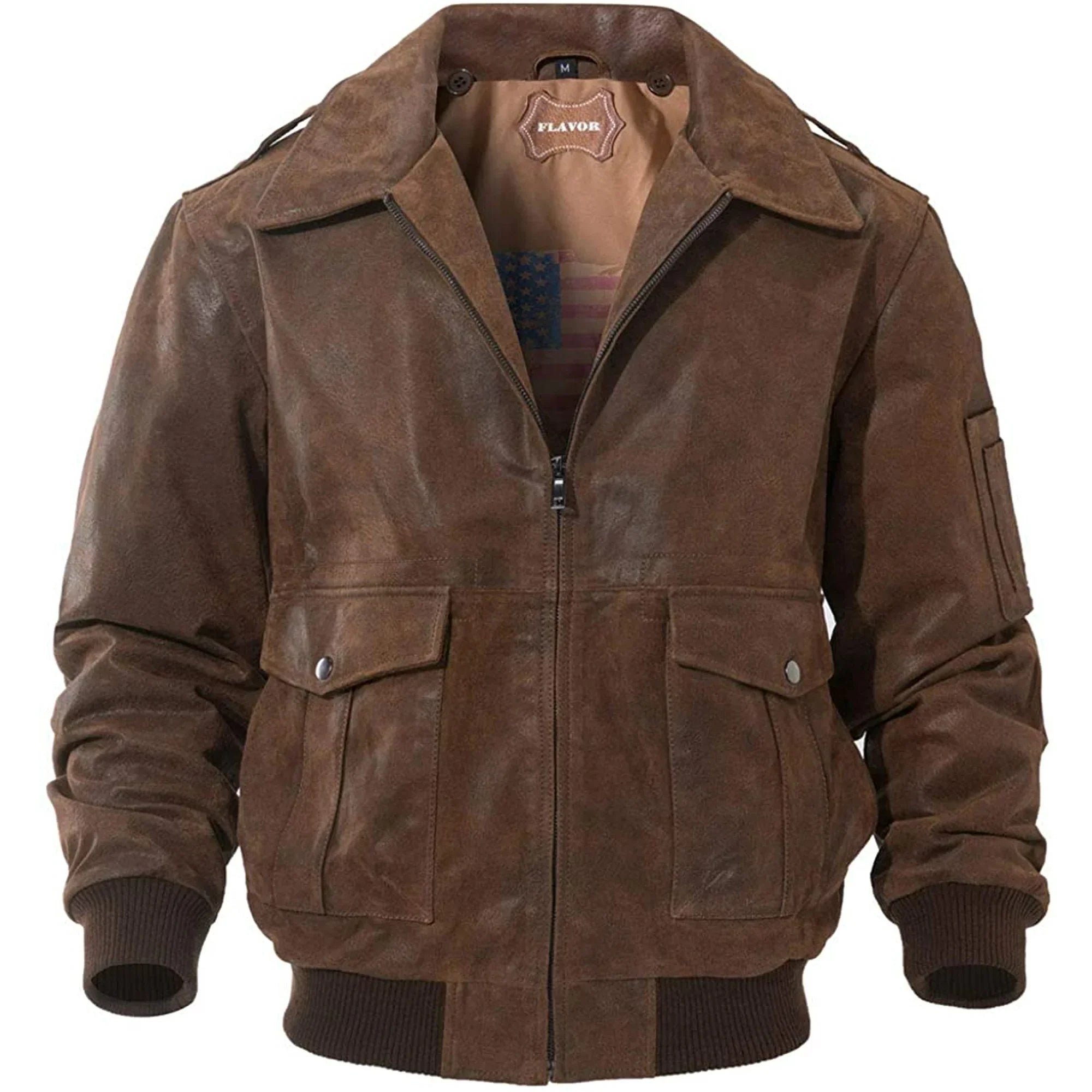 FLAVOR Men's Leather Bomber Jacket Brown Air Force Aviator